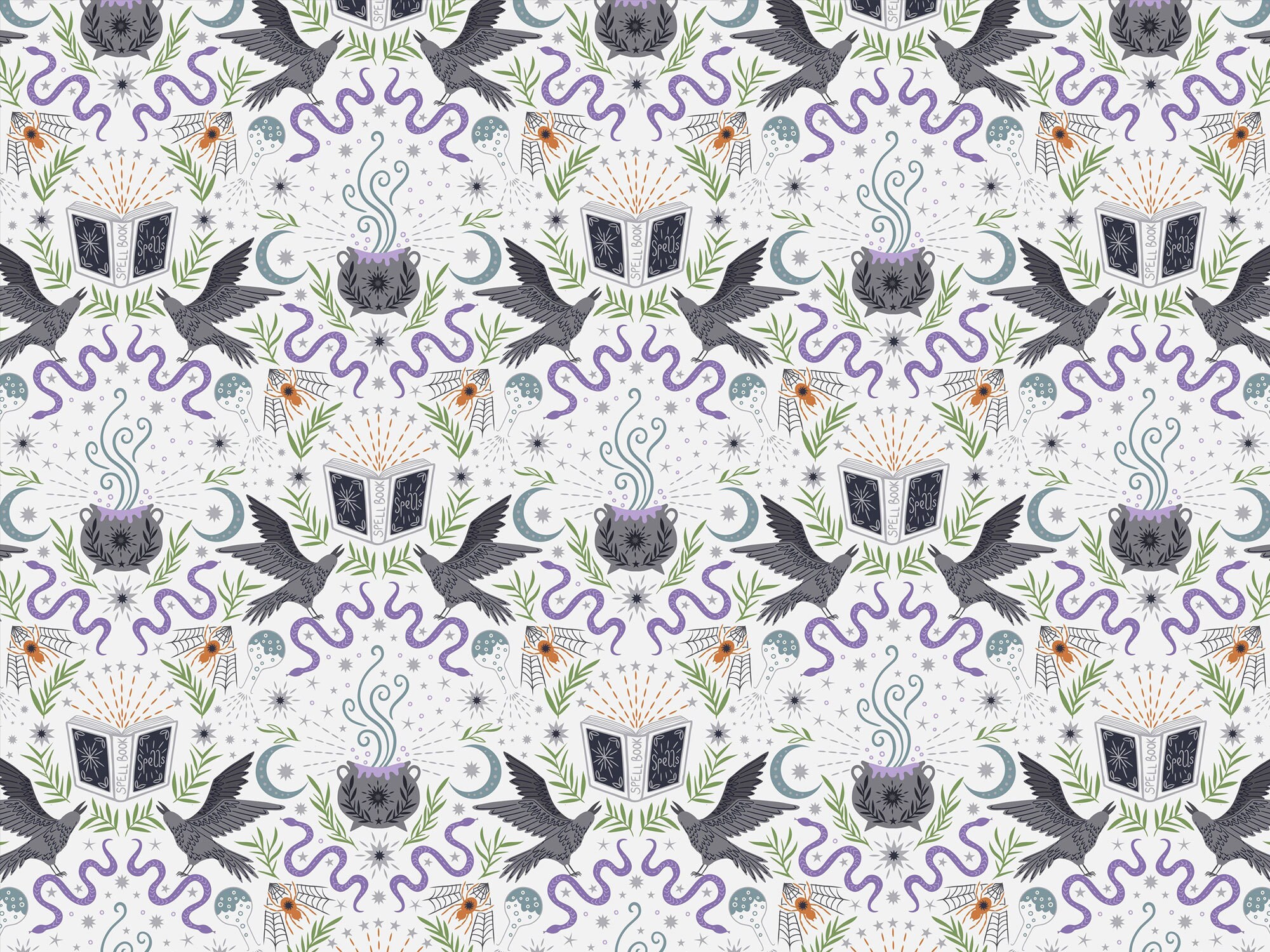Halloween Fabric -- Witchy Pattern of Cauldrons and Spell Books on ...
