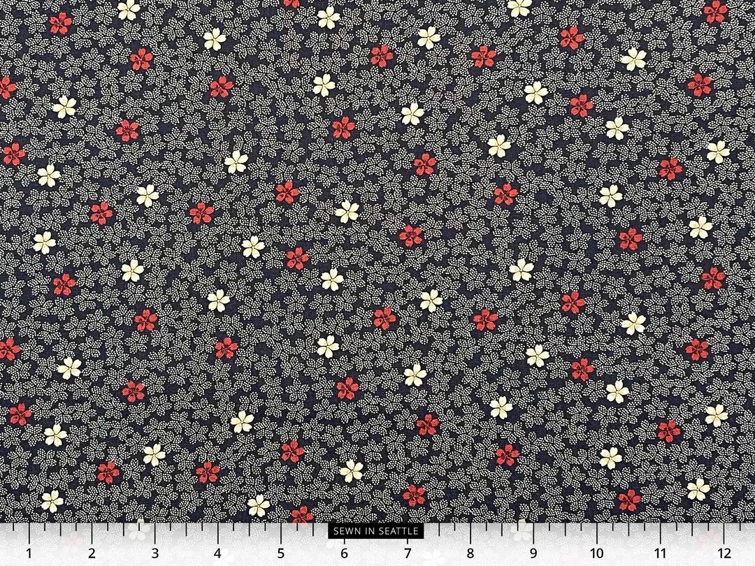 Japanese Fabric Red and Dark Natural Cherry Blossoms sakura on Navy 100