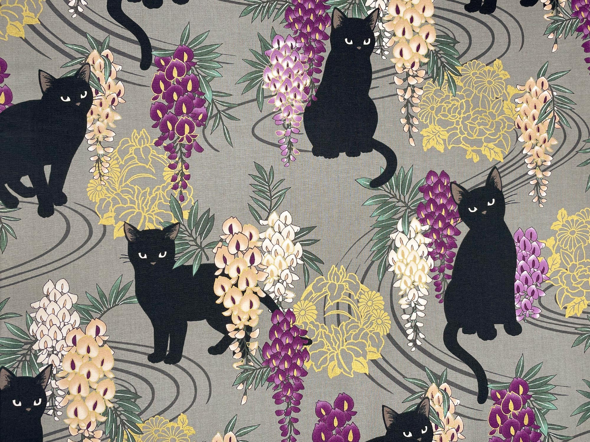 Japanese Fabric Black Cats Wisteria Flowers and Metallic Etsy