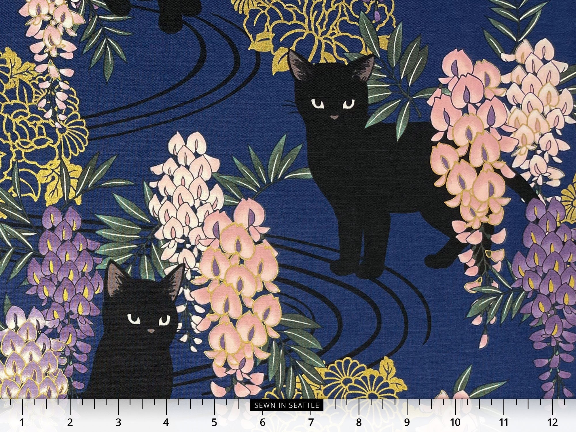 Japanese Fabric -- Black Cats, Wisteria Flowers, and