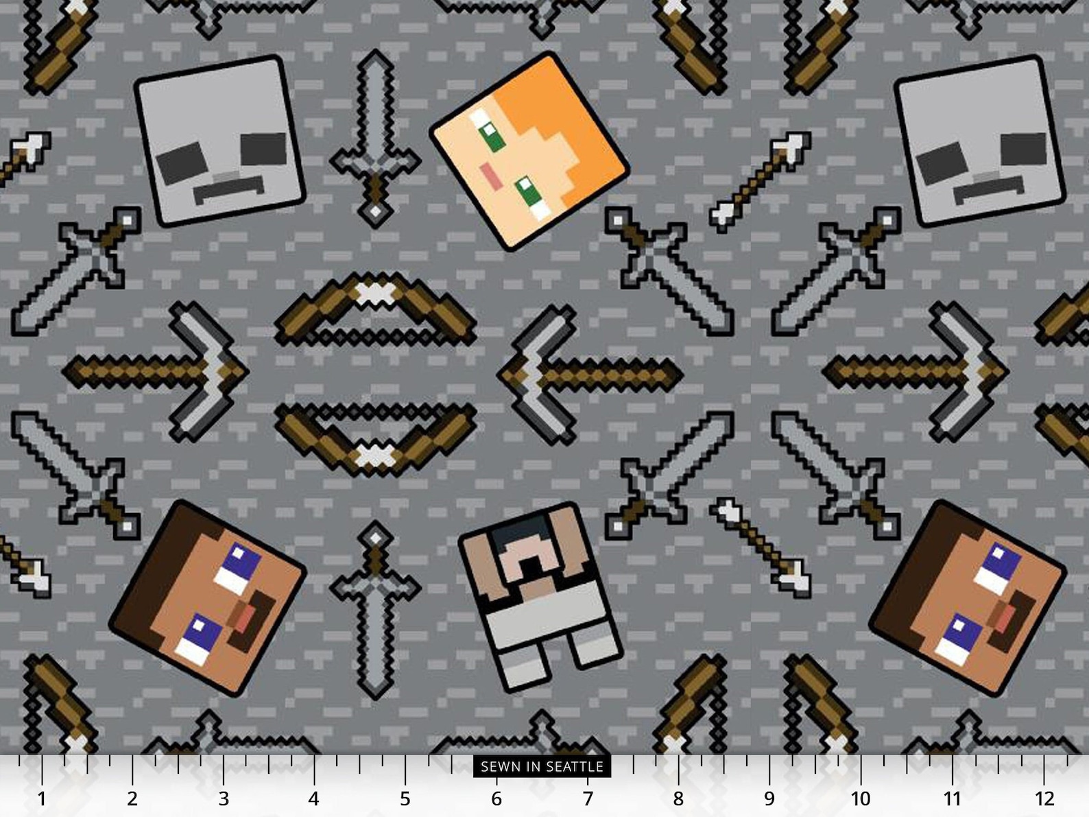 MINECRAFT Fabric -- Minecraft Heads Repeated With Swords and Arrows on ...
