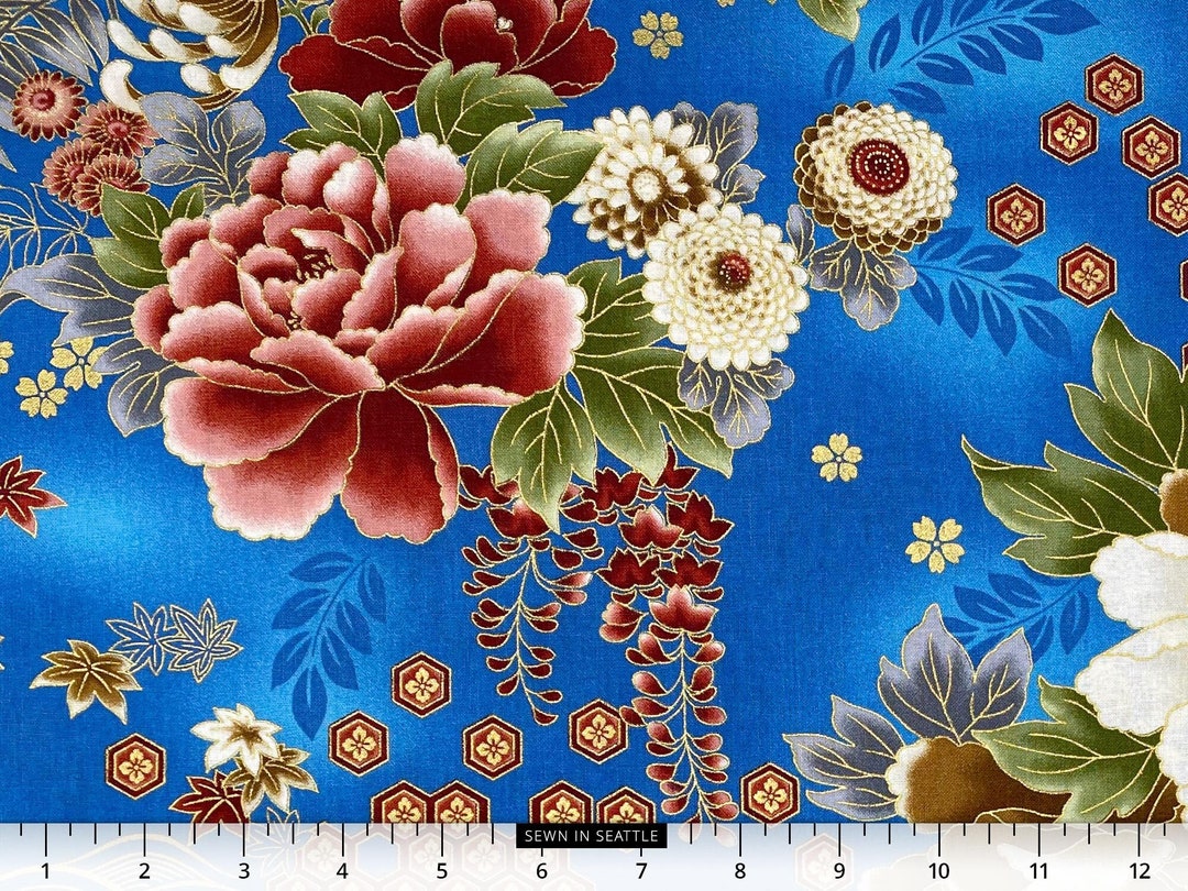 Japanese Fabric Big Floral and Traditional Kimono Patterns With Metallic Gold Highlights on Blue
