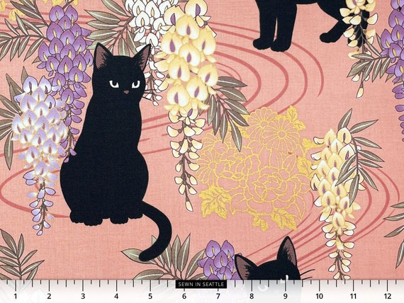 Japanese fabric -- Black cats, wisteria flowers, and metallic gold flowers  on salmon pink -- 100% cotton quilting fabric