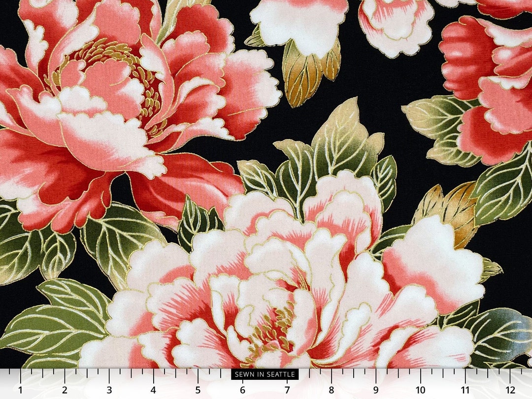 Japaneseinspired Fabric Large Pink and White Peonies With Etsy