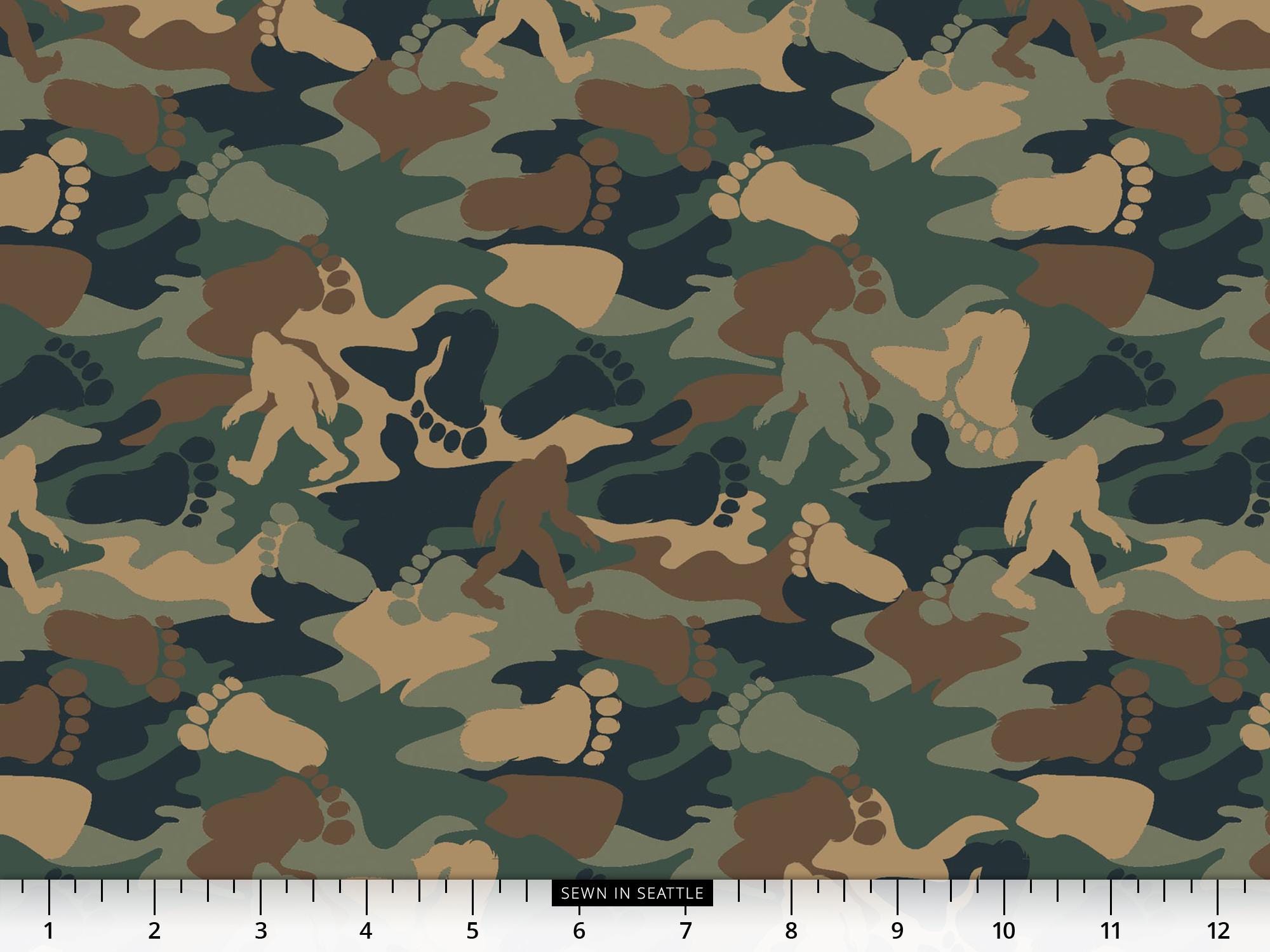 Bigfoot Fabric -- Camo Pattern With Repeated Bigfoots and Footprints in ...