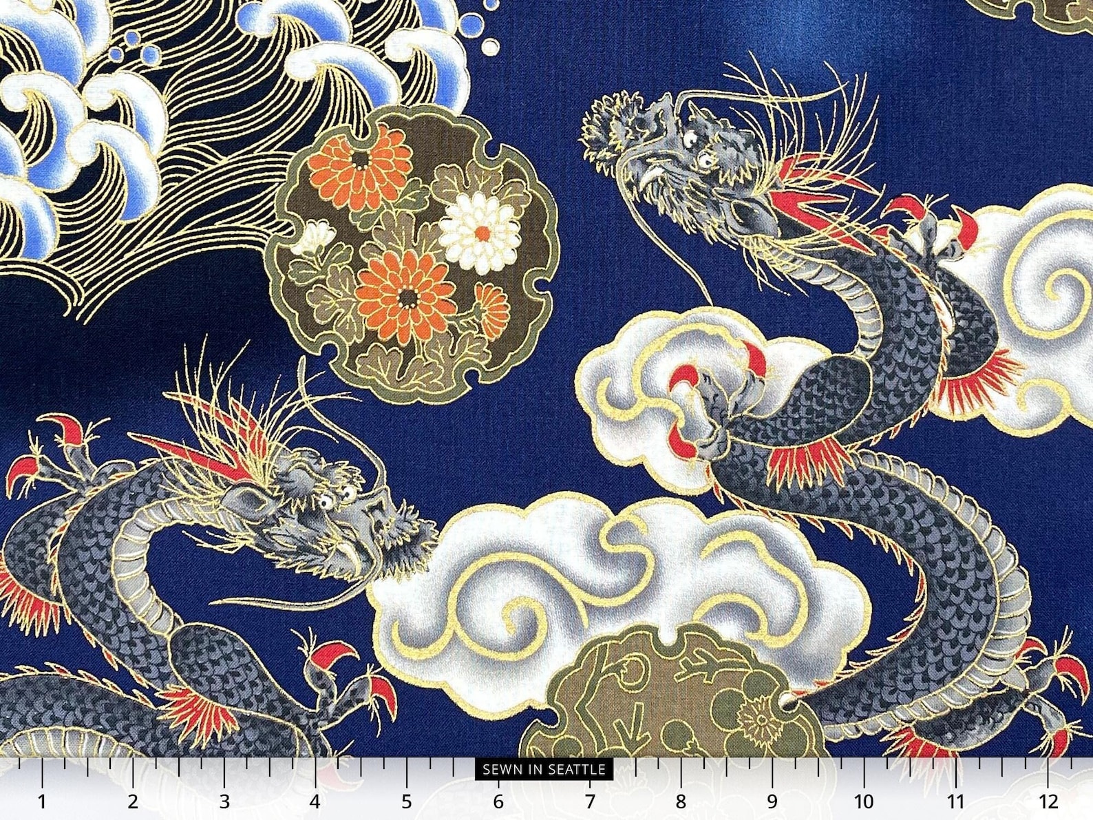 Dragon Wind Pattern Japanese Fabric -- Large Dragons Flying Through Clouds and Wind With ...