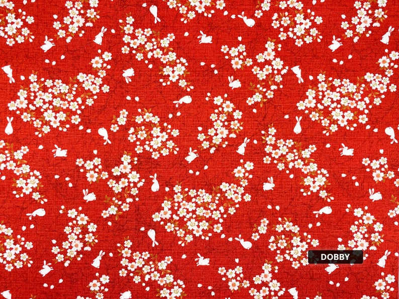 Japanese DOBBY Fabric -- Rabbits Hopping Through Cherry Blossoms on Red ...