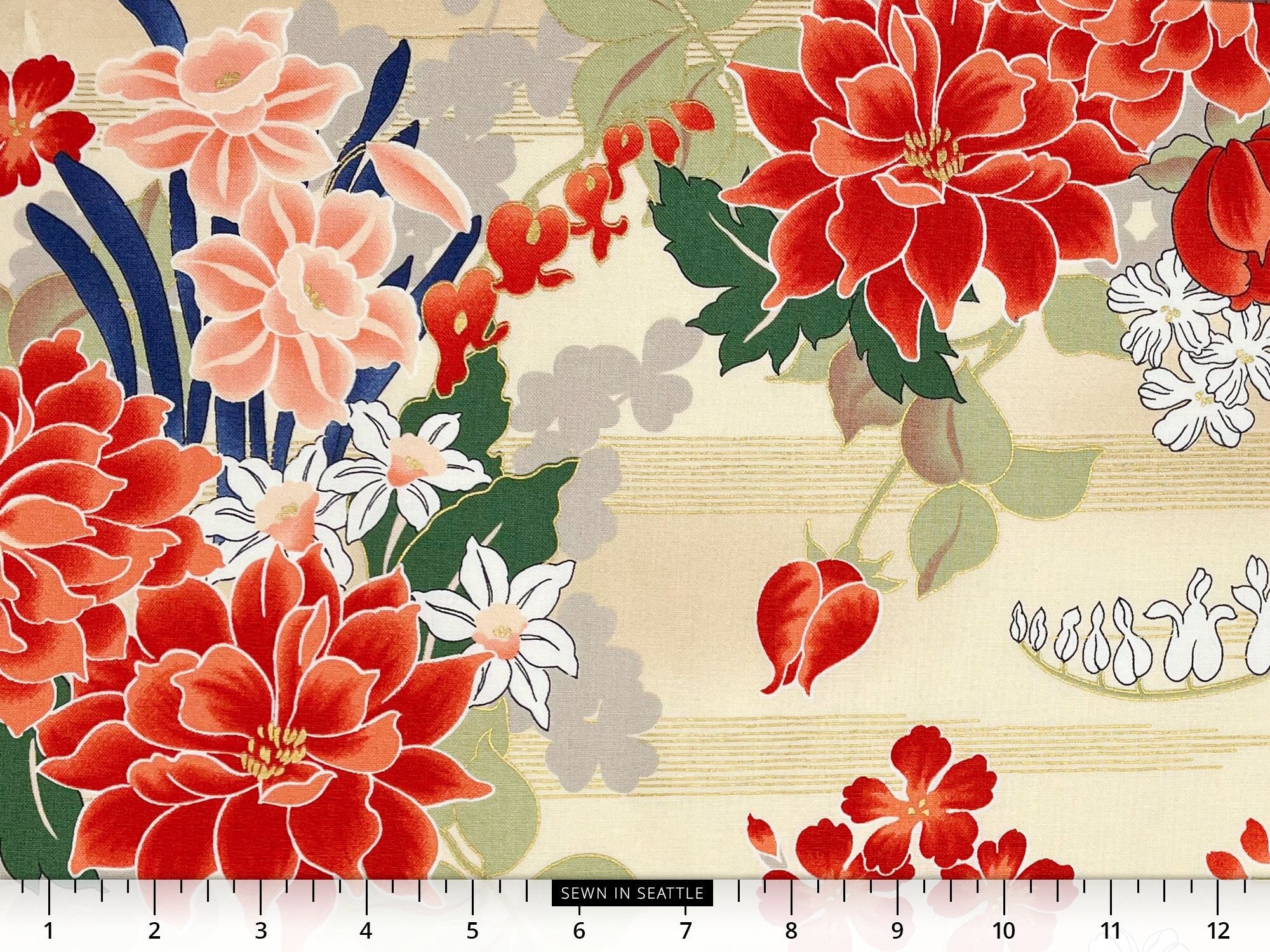 Japanese fabric Japanese floral with 80s art deco feel on light tan 100 cotton quilting fabric