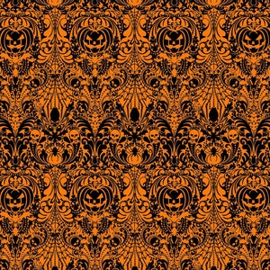 Halloween fabric Spooky Halloween damask pattern with jack o'lanterns, spiders and skulls on dark orange 100% cotton quilting fabric image 2