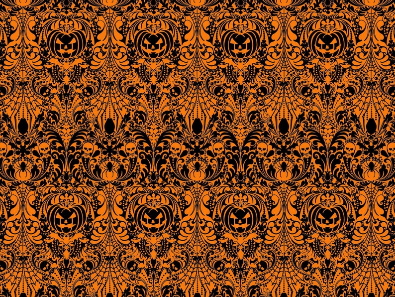 Halloween fabric Spooky Halloween damask pattern with jack o'lanterns, spiders and skulls on dark orange 100% cotton quilting fabric image 2