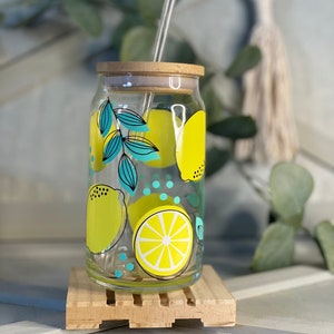 Lemons Glass Can| Reusable 16oz Glass Beer Can| Summer| Glass Can Cup| Personalized Iced Coffee Cup Glass Can| Lemonade| Add your own design