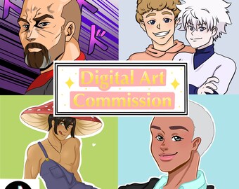 Puede incluir: Comisión de arte digital con cuatro retratos de estilo anime. Los retratos incluyen un hombre calvo con barba, dos jóvenes sonrientes, un hombre sin camisa con un sombrero de hongo y una mujer con una blazer. Se muestra el texto "Digital Art Commission".