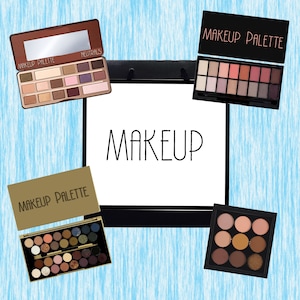 May include: Four different makeup palettes with the word "MAKEUP" written in black on a white background. The palettes are all closed and have the words "MAKEUP PALETTE" written on them. The palettes are in different colors and have different designs.