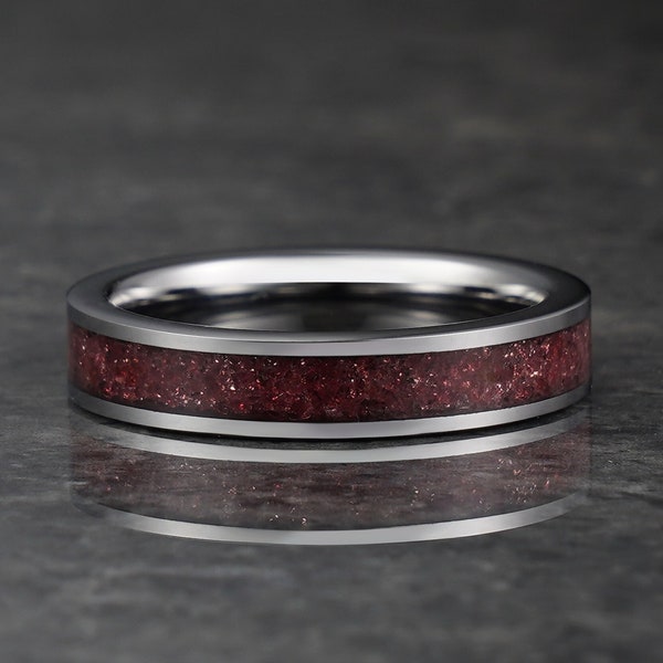 Garnet Ring, Silver Tungsten Wedding Band, Men's & Women's Ring, Anniversary Gift for Him and Her, Engagement Ring, Statement Ring