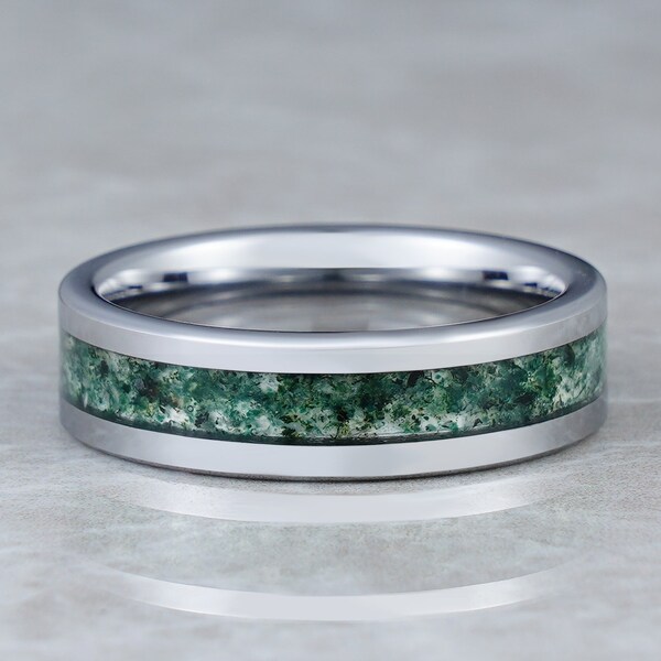 Natural Moss Agate Ring, Nature Inspired Ring, Men's & Women's Tungsten Ring, Silver Wedding Band, Anniversary Gift for Him and Her, 4mm 8mm