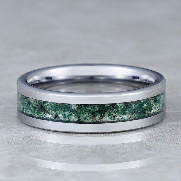 Natural Moss Agate Ring, Nature Inspired Ring, Men's & Women's Tungsten Ring, Silver Wedding Band, Anniversary Gift for Him and Her, 4mm 8mm