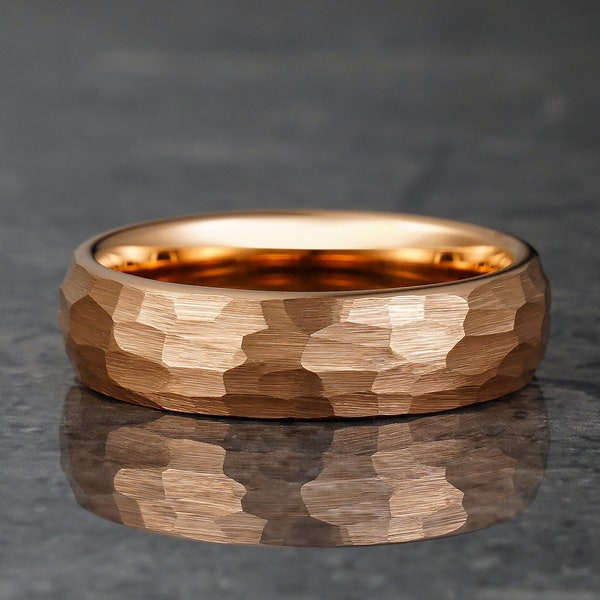 Rosegold Gehämmerter Ring, Rosegold Wolfram Ehering, Facettenring, Herrenring, Damenring, 4mm/6mm Ring, Geschenk für Sie und Ihn