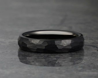 Black Hammered Ring, Black Obsidian Ring, Tungsten Wedding Band, Faceted Ring, Mens & Women Ring, Anniversary Gift for Him and Her, 4mm/8mm