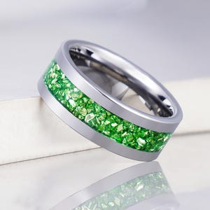 Emerald Ring, Silver Tungsten Ring, Statement Promise Engagement Anniversary Gift for Her & Him, Womens Wedding Ring, Mens Wedding Band