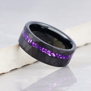 Amethyst Ring, Hammered Black Tungsten Ring, Brushed Black Ring, Mens Wedding Band, Mens Ring, Anniversary Gift, Comfort Fit, 8mm Ring