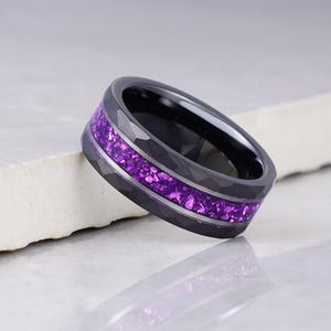 Amethyst Ring, Hammered Black Tungsten Ring, Brushed Black Ring, Mens Wedding Band, Mens Ring, Anniversary Gift, Comfort Fit, 8mm Ring