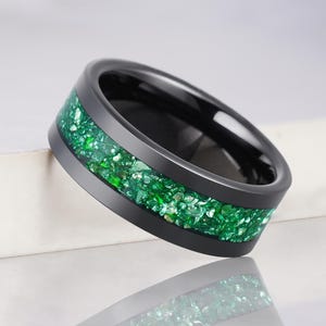 Emerald Ring, Black Tungsten Ring, Statement Promise Engagement Anniversary Gift for Her & Him, Womens Wedding Ring, Mens Wedding Band