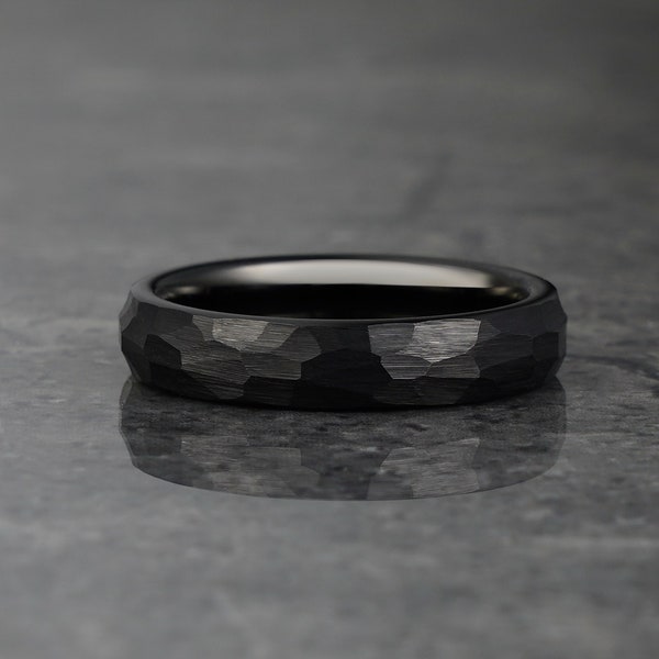 Black Hammered Ring, Black Obsidian Ring, Tungsten Wedding Band, Faceted Ring, Mens & Women Ring, Anniversary Gift for Him and Her, 4mm/8mm