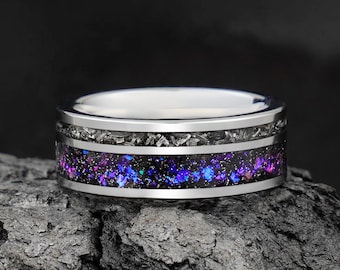 Meteorit und Nebelfleck Ring, Galaxy Ring, Silber Wolfram Ehering, Verlobungsring, Jahrestag Geschenk, Herrenring, personalisierter Ring, 8 mm Ring