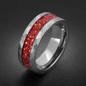 Ruby Ring, Hammered Tungsten Ring, Hammered Silver Ring, Mens Wedding Band, Womens Ring, Anniversary Ring, Engagement Ring, 4mm 8mm