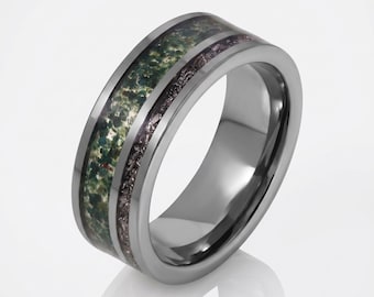 Mosagaatring met meteoriet, meteorietring, zilveren wolfraamring, zilveren trouwring, herentrouwring, herenring, jubileumring