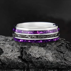 Amethyst & Meteorite Ring, Silver Tungsten Wedding Band, Engagement Anniversary Gift for Him, Amethyst Ring, Men&#39;s Ring, Personalized Ring