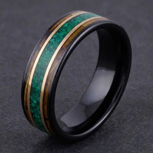 Malachite Ring w/ Charred Whiskey Barrel, Black Tungsten Ring, Black Wedding Ring, Mens Wedding Band, Mens Ring, Anniversary Ring, 8mm Ring