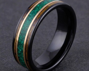 Anello in malachite con effetto botte di whisky carbonizzata, anello in tungsteno nero, anello in tungsteno nero, fede nuziale nera, fede nuziale da uomo, anello da uomo, 8 mm