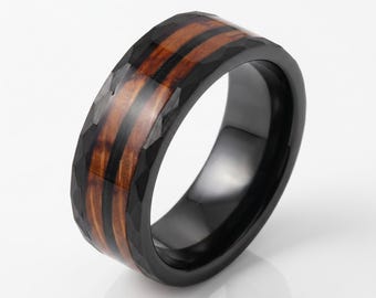 Hammered Tungsten Ring with Charred Whiskey Barrel Wood Guitar String Inlay | Durable Handmade Men Wedding Band ~ Music Lover Gift Ring