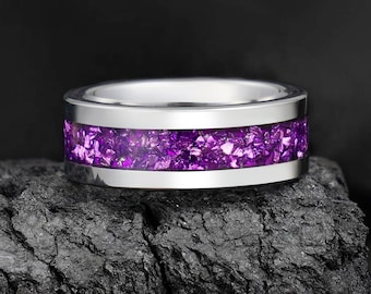 Alexandrite Ring, Silver Tungsten Ring, Statement Promise Engagement Anniversary Gift for Her & Him, Womens Wedding Ring, Mens Wedding Band