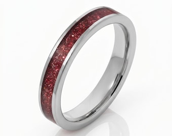 Silver Tungsten Ring with Garnet | Deep Red Gemstone Statement Jewelry ~ Durable Tungsten Carbide Band for Everyday and Formal Occasions
