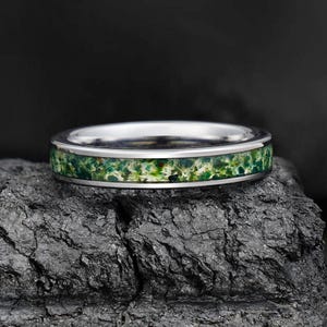Moss Agate Ring, Silver Tungsten Ring, Statement Promise Engagement Anniversary Gift, Women&#39;s & Men&#39;s Wedding Band, Personalized Ring