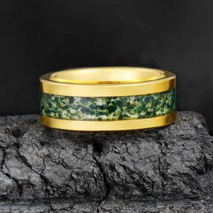 Moss Agate Ring, Gold Tungsten Ring, Statement Promise Engagement Anniversary Gift, Women&#39;s & Men&#39;s Wedding Band, Personalized Ring