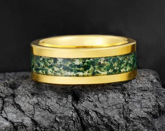 Moss Agate Ring, Gold Tungsten Ring, Statement Promise Engagement Anniversary Gift for Her & Him, Womens Wedding Ring, Mens Wedding Band