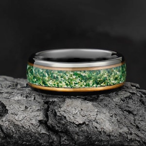 Moss Agate Ring, Black & Rose Gold Tungsten Wedding Band, Statement Promise Engagement Anniversary Gift for Him, Mens Ring, Comfort Fit Ring