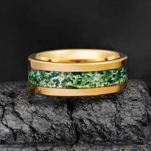 Moss Agate Ring, Rose Gold Tungsten Ring, Statement Promise Engagement Anniversary Gift, Women&#39;s & Men&#39;s Wedding Band, Personalized Ring