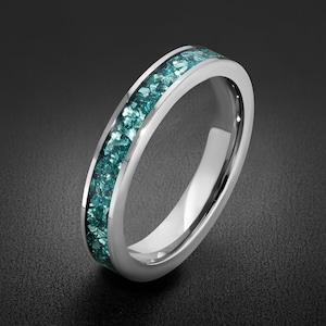 Silver Tungsten Ring with Aquamarine | Handcrafted Durable Wedding Band | Serene Blue Anniversary Birthday Gift for Everyday Wear Style