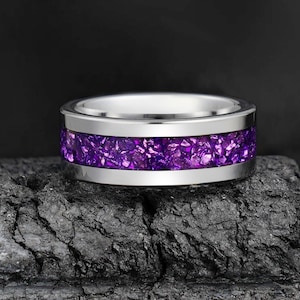 Amethyst Ring, Silver Tungsten Ring, Statement Promise Engagement Anniversary Gift, Women&#39;s & Men&#39;s Wedding Band, Personalized Ring