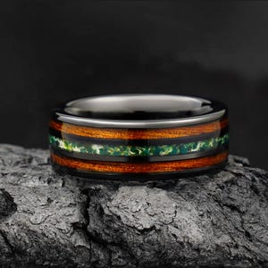 Moss Agate & Koa Wood Ring, Black Tungsten Wedding Band, Statement Promise Engagement Anniversary Gift for Him, Mens Ring, Moss Agate Ring
