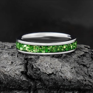 Emerald Ring, Silver Tungsten Ring, Statement Promise Engagement Anniversary Gift for Her & Him, Womens Wedding Ring, Mens Wedding Band