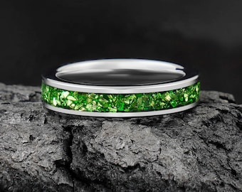Emerald Ring, Silver Tungsten Ring, Statement Promise Engagement Anniversary Gift for Her & Him, Womens Wedding Ring, Mens Wedding Band