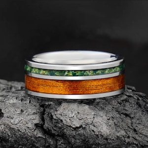 Anillo de ágata musgosa y madera de koa, alianza de boda de tungsteno y plata, regalo de aniversario de compromiso para él, anillo para hombre, anillo de ágata musgosa, anillo personalizado