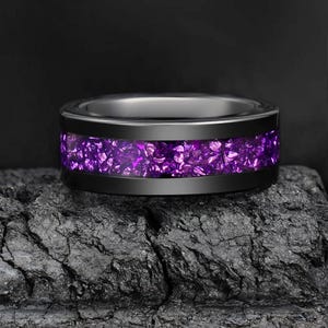 Alexandrite Ring, Silver Tungsten Ring, Statement Promise Engagement Anniversary Gift for Her & Him, Womens Wedding Ring, Mens Wedding Band