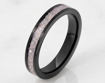 Anello con pietra di luna, anello in tungsteno nero, fede nuziale nera, fede nuziale da uomo, anello da donna, anello per anniversario, anello di fidanzamento, 4 mm 8 mm