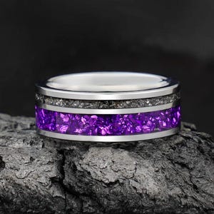 Amethyst & Meteorite Ring, Silver Tungsten Wedding Band, Engagement Anniversary Gift for Him, Men&#39;s Ring, Amethyst Ring, Personalized Ring